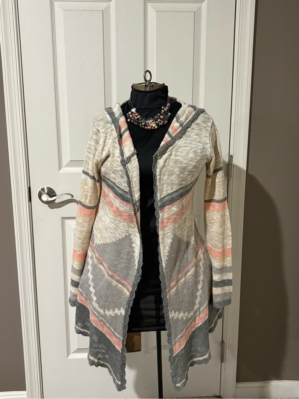 Say What L Gray Pink Southwestern Hooded Open Front Cardigan Duster